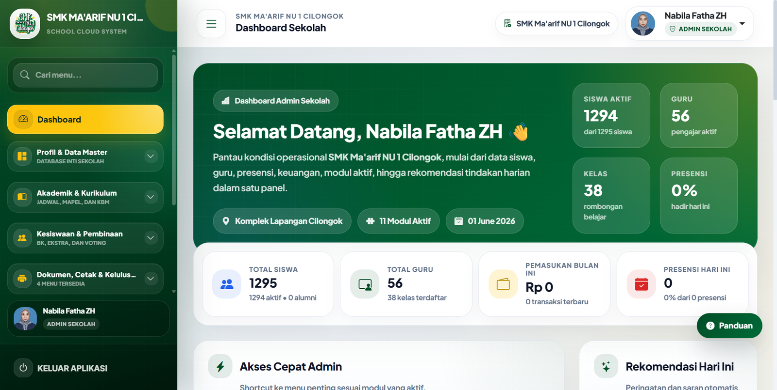 Dashboard utama LMS Bintang Maarif