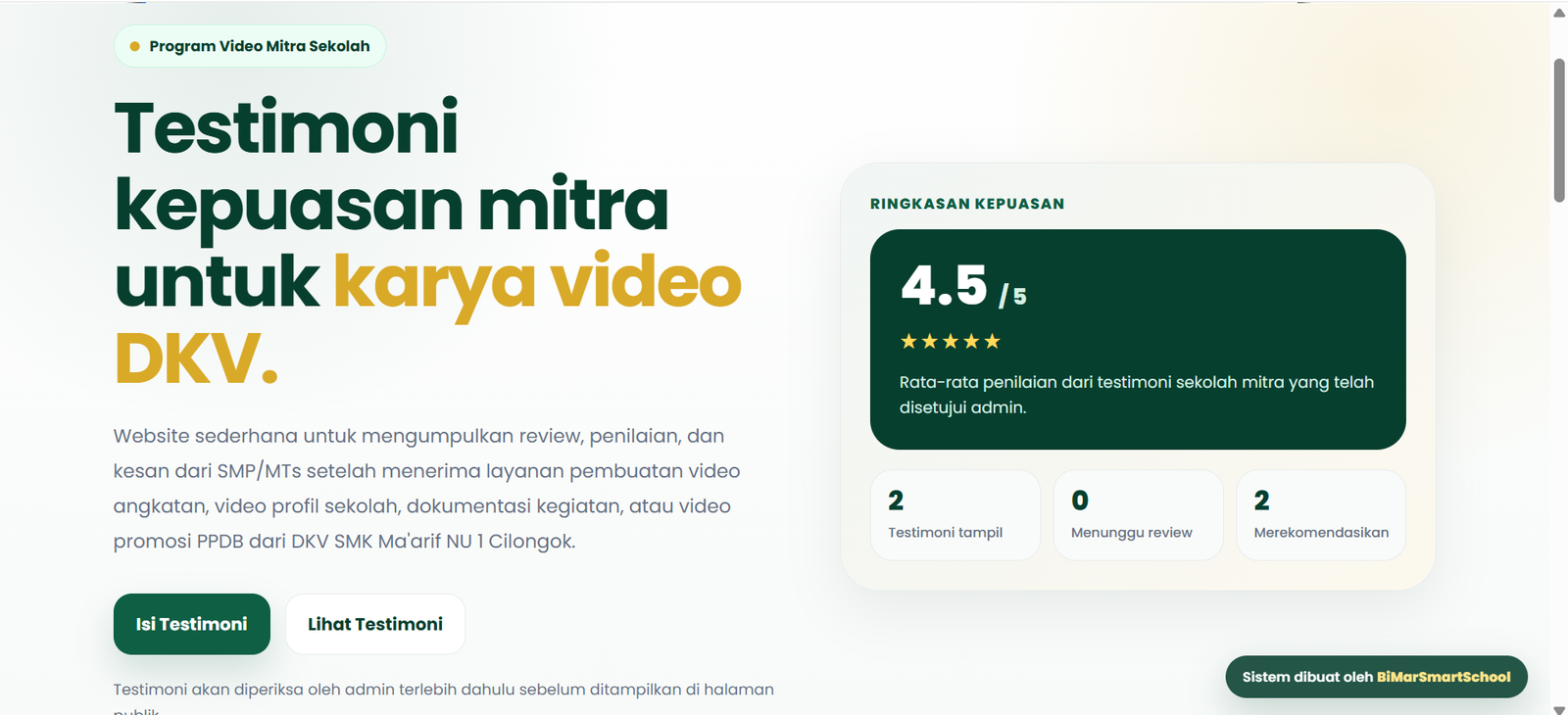 Landing page Website Testimoni PPDB