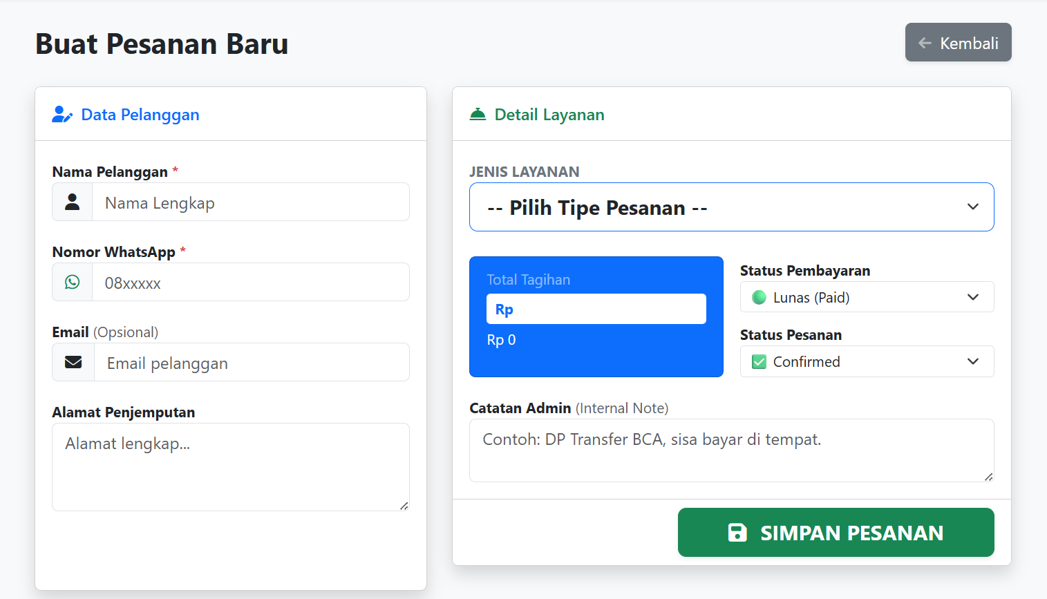 Form booking dan data penumpang web travel